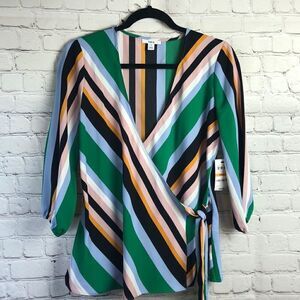 Bar III. Green striped wrap tie shirt. S.